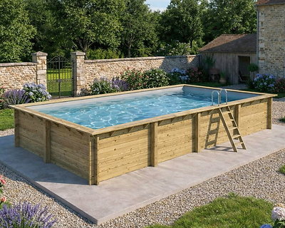 Image Piscine bois Altanka AQUA rectangulaire 8,5 x 4,35m H 1,45m liner gris, ancrage beton