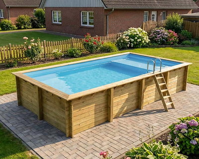 Image Piscine bois Altanka AQUA rectangulaire avec plage 8,5 x 4,35m H 1,45m liner bleu, ancrage beton