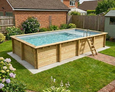 Image Piscine bois Altanka AQUA rectangulaire avec plage 8,5 x 4,35m H 1,45m liner gris, pose sur dalle