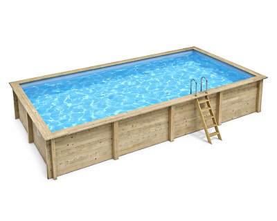 Image Piscine bois Altanka AQUA rectangulaire 8,5 x 4,35m H 1,45m liner bleu, sans dalle beton
