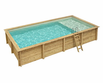 Image Piscine bois Altanka AQUA rectangulaire avec plage 8,5 x 4,35m H 1,45m liner sable, sans dalle beton