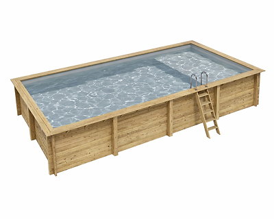 Image Piscine bois Altanka AQUA rectangulaire avec plage 8,5 x 4,35m H 1,45m liner gris, sans dalle beton