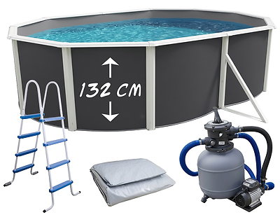 Image Piscine hors-sol acier TOI ANTHRACITE MAGNUM COMPACT ovale 550x366 H 132cm line gris