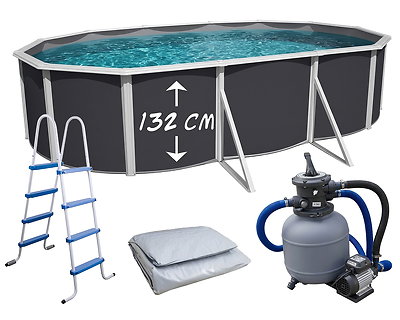 Image Piscine hors-sol acier TOI ANTHRACITE MAGNUM COMPACT ovale 640x366 H 132cm line gris