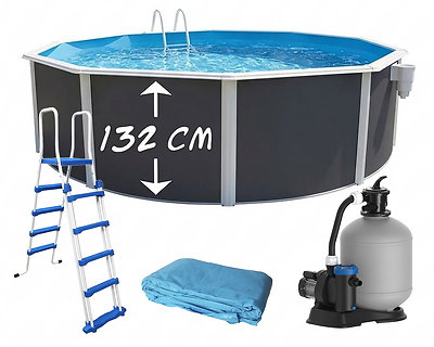 Image Piscine hors-sol acier Toi ANTHRACITE MAGNUM Secu ronde Ø 550cm H 132cm liner bleu