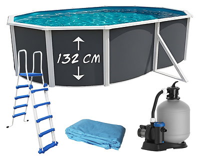 Image Piscine hors-sol acier Toi ANTHRACITE MAGNUM Secu ovale 550 x 366cm H 132cm liner bleu