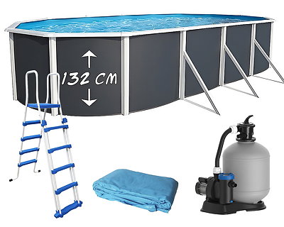 Image Piscine hors-sol acier Toi ANTHRACITE MAGNUM Secu ovale 730 x 366cm H 132cm liner bleu