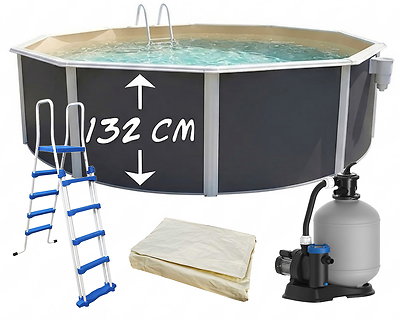 Image Piscine hors-sol acier Toi ANTHRACITE MAGNUM Secu ronde Ø 550cm H 132cm liner sable