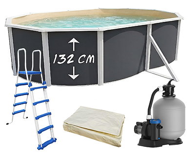 Image Piscine hors-sol acier Toi ANTHRACITE MAGNUM Secu ovale 550 x 366cm H 132cm liner sable