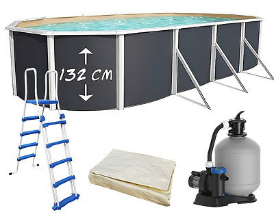 Image Piscine hors-sol acier Toi ANTHRACITE MAGNUM Secu ovale 730 x 366cm H 132cm liner sable