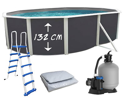 Image Piscine hors-sol acier Toi ANTHRACITE MAGNUM Secu ovale 550 x 366cm H 132cm liner gris